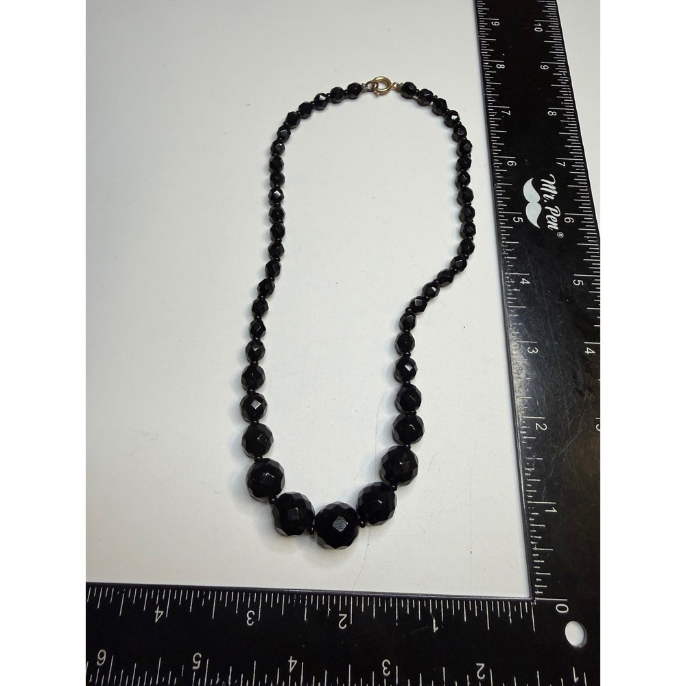 Vintage Faceted Black Glass Graduated Bead Necklace 16 Inch Brass Clasp